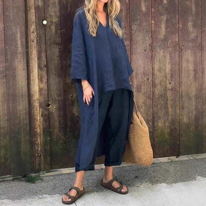 Chic 2PCS V-Neck Lounge Set – Long Sleeve Top & Wide-Leg Pants"