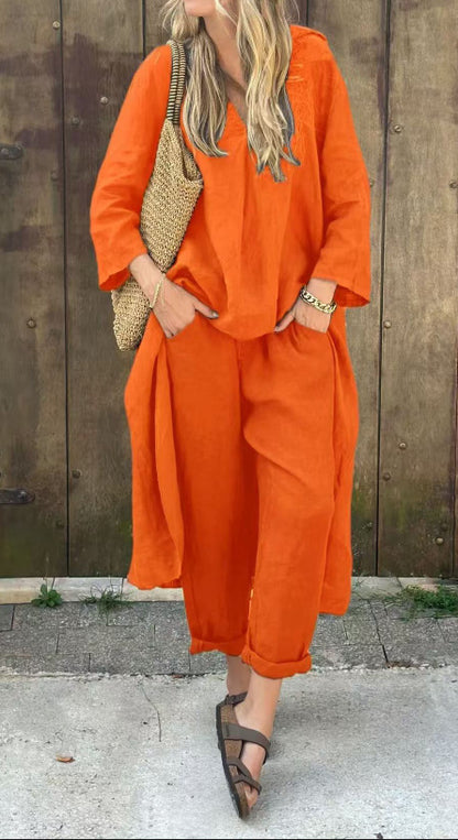 Chic 2PCS V-Neck Lounge Set – Long Sleeve Top & Wide-Leg Pants"