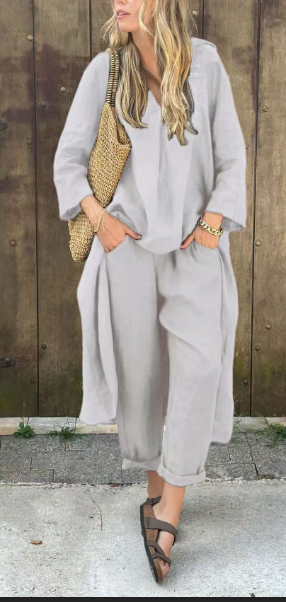 Chic 2PCS V-Neck Lounge Set – Long Sleeve Top & Wide-Leg Pants"