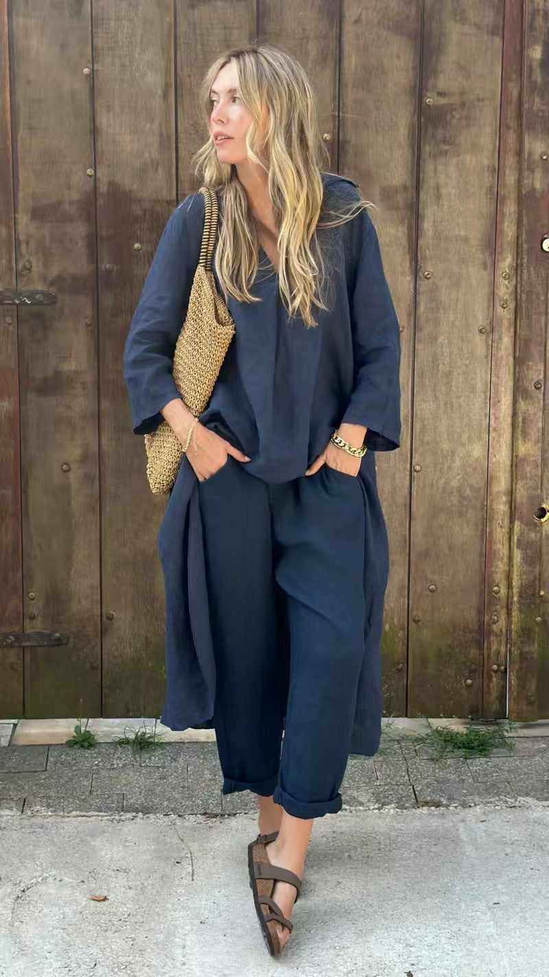 Chic 2PCS V-Neck Lounge Set – Long Sleeve Top & Wide-Leg Pants"