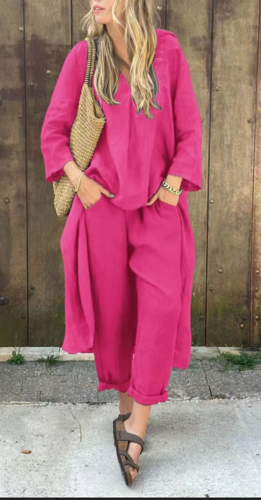 Chic 2PCS V-Neck Lounge Set – Long Sleeve Top & Wide-Leg Pants"