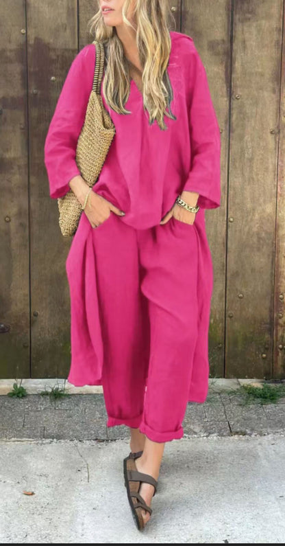 Chic 2PCS V-Neck Lounge Set – Long Sleeve Top & Wide-Leg Pants"